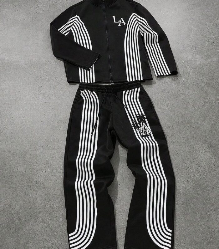 Striped Windbreaker Set (Black / White, Style B)
