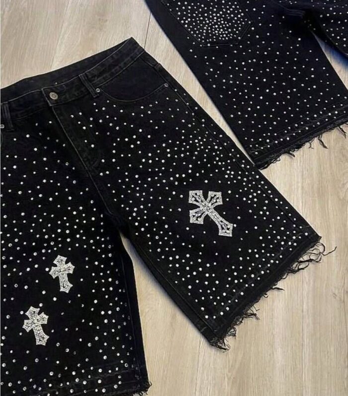 Rhinestone Cross Graphic Shorts (Black)
