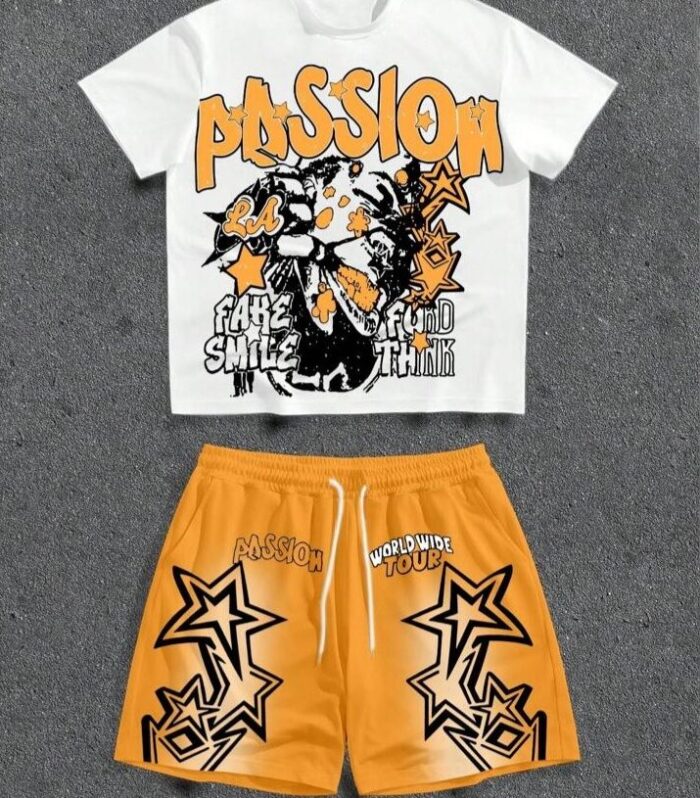 Graphic Tee & Shorts Set (White / Orange)