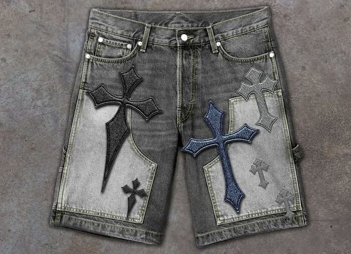 Cross Print Washed Denim Shorts (Grey)