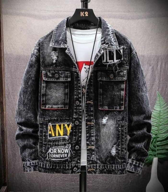 Distressed Denim Jacket (Black, Patchwork)