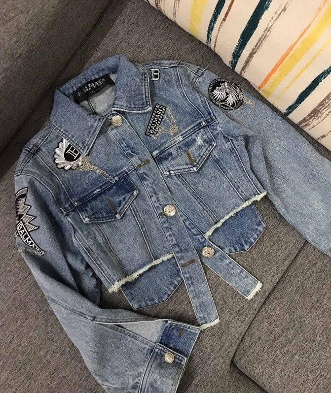 Distressed Denim Jacket (Blue, Patches)