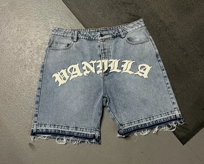 Flame Text Denim Shorts (Grey)