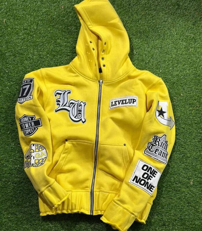 Patchwork Embroidered Zip-Up Hoodie (Yellow)