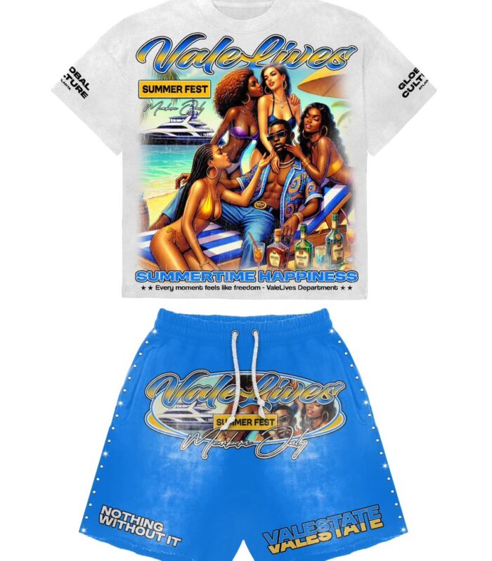 Cartoon Graphic Tee & Shorts Set (White / Blue)