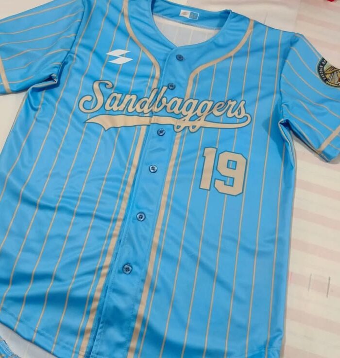 Sundowners Pinstripe Baseball Uniform (Light Blue, #19)
