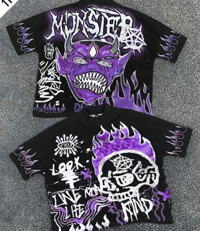 Flame Monster Graphic Tee (Black, Purple Print)