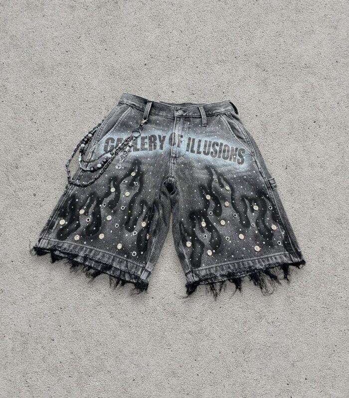 Fringe Hem Washed Denim Shorts (Grey)