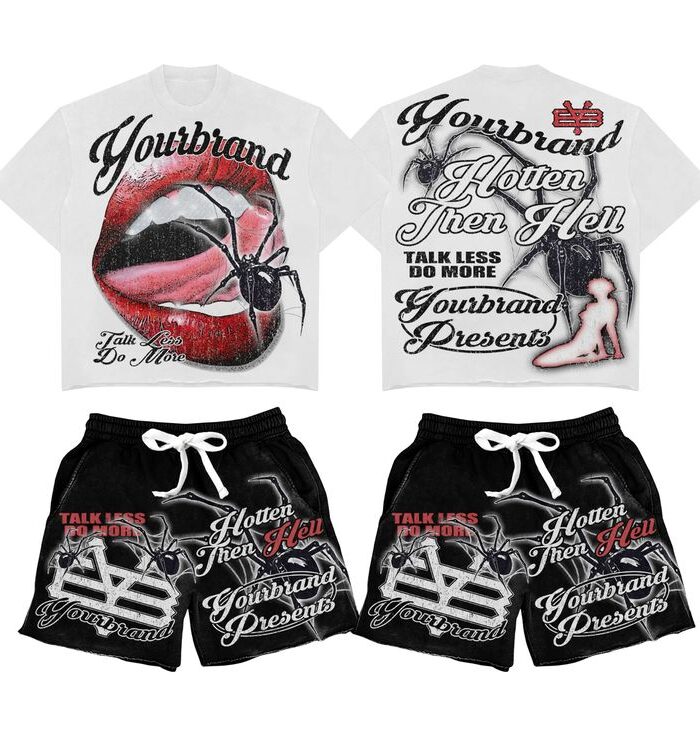 Graphic Tee & Shorts Set (White / Black, Style A)