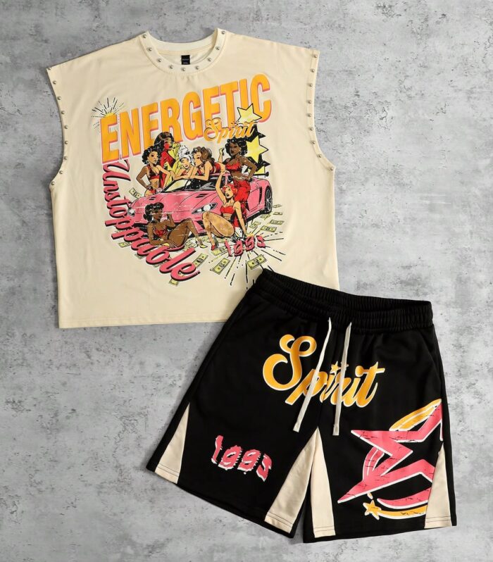Graphic Tee & Shorts Set (Cream / Black)