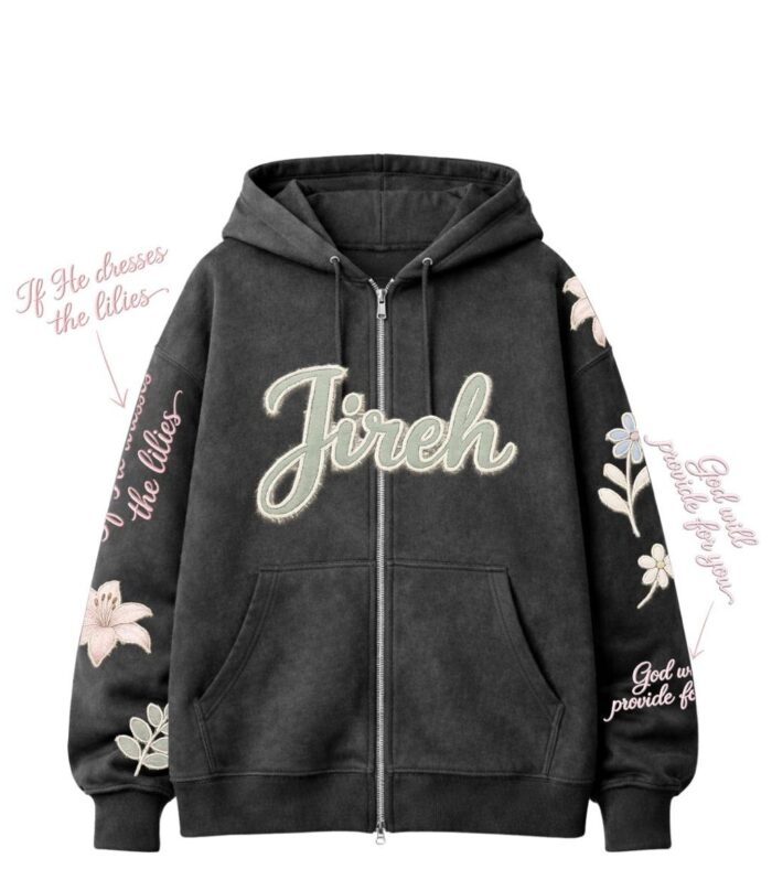 Floral Graphic Zip-Up Hoodie (Black / Grey)