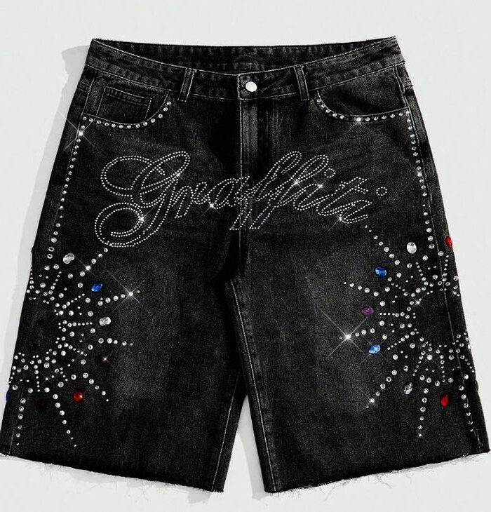 Rhinestone Skull Graphic Denim Shorts (Black)