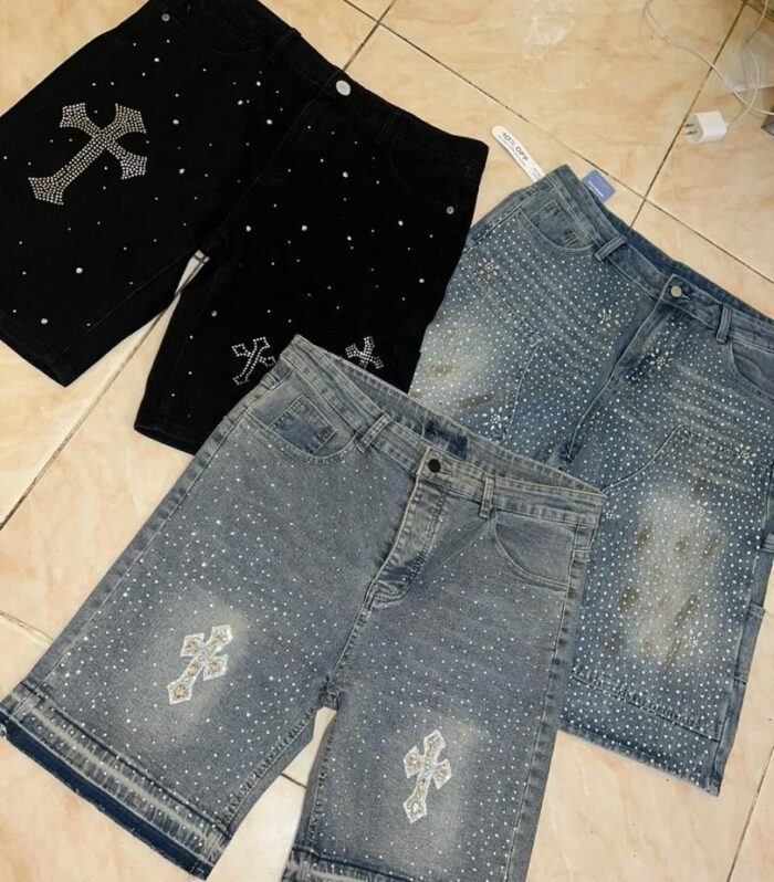 Distressed Washed Denim Shorts (Grey/Tan, Paired Set)