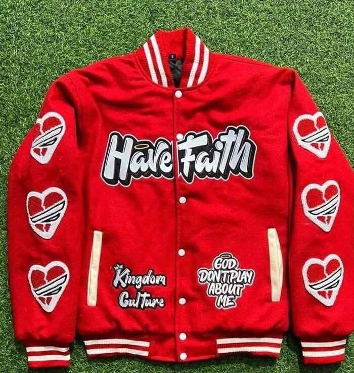 Have Faith Heart Varsity Jacket (Red / White)