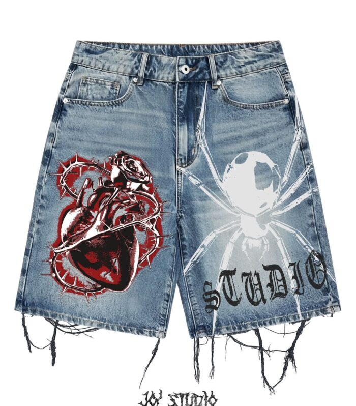 Spider Graphic Denim Shorts (Grey)