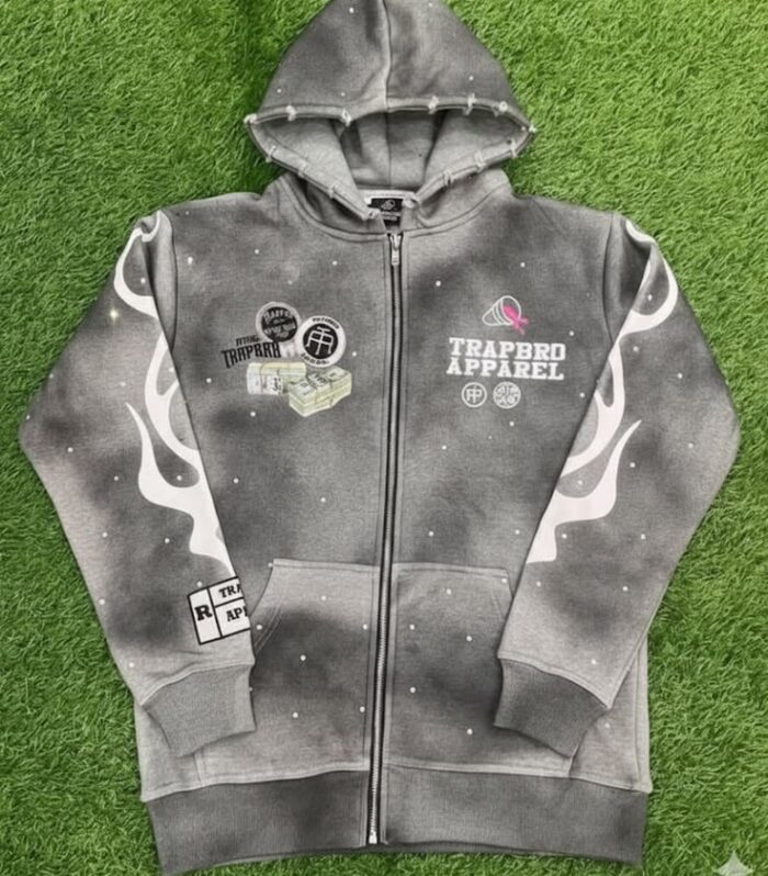 Grey Zip-Up Graphic Hoodie