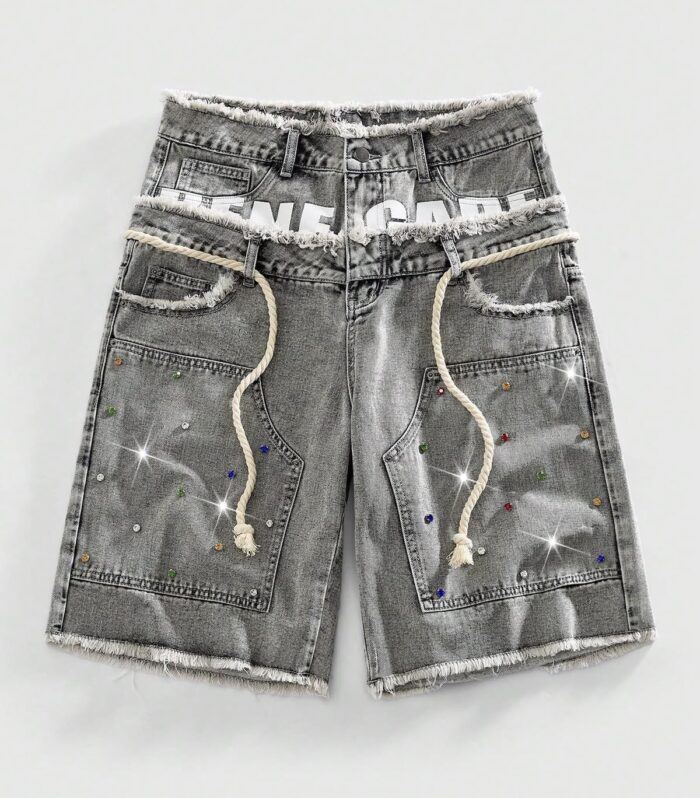 Paint Splatter Cargo Denim Shorts (Grey)