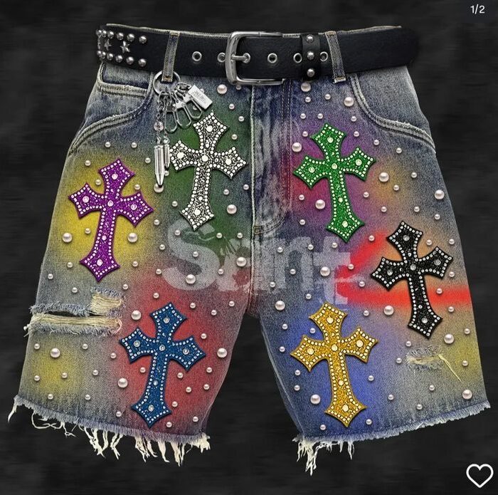 Rhinestone Cross Patch Denim Shorts (Grey)